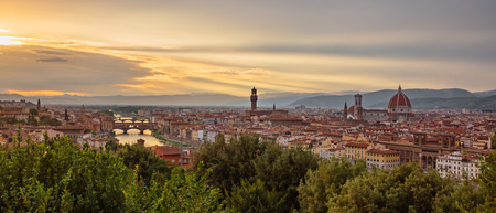 View of the historic center of Florence, Italy under sunset, viewed from Piazzale Michelangeloの写真素材
