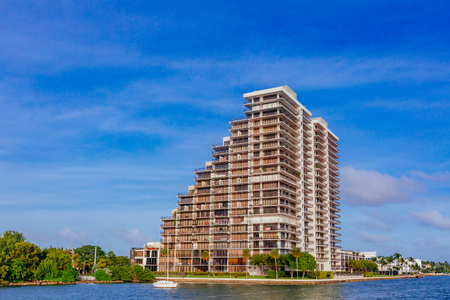 Buildings by water in Biscayne Bay near the city of Miami, Florida, USAのeditorial素材
