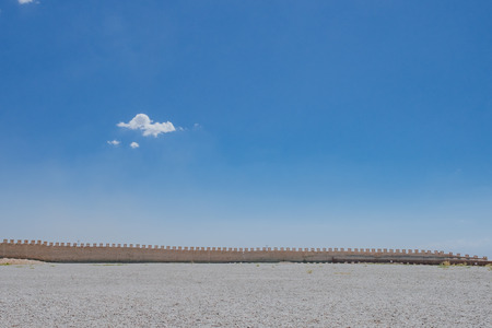 Fortress wall under blue sky at Jiayu Pass, first frontier fortress at the west end of the Ming dynasty Great Wall of China, in Jiayuguan, Chinaのeditorial素材