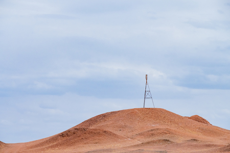 View of barren gobi desert landscape under sky at the historical site of Yang Pass, in Yangguan, Gansu, Chinaのeditorial素材
