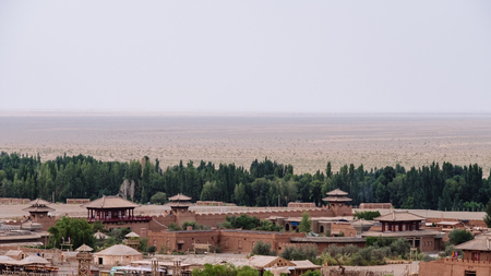Buildings of the Yang Pass Museum next to gobi desert, in Yangguan, Gansu, Chinaのeditorial素材