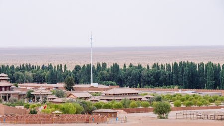 Buildings of the Yang Pass Museum next to gobi desert, in Yangguan, Gansu, Chinaのeditorial素材