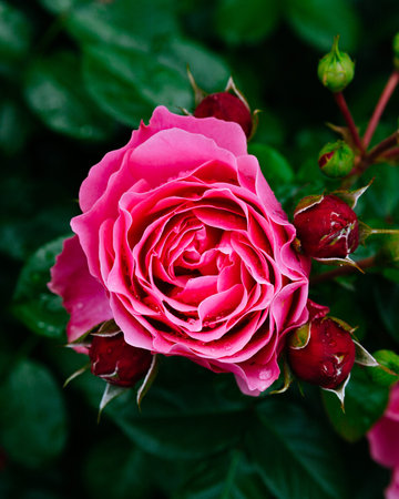 Close-up of a pink rose with rain drops over blurred dark green leavesの写真素材