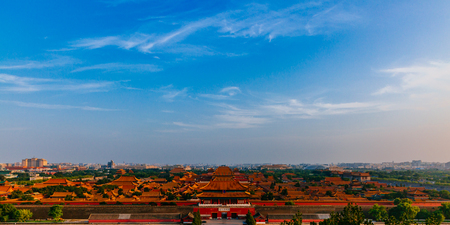 Panoramic aerial view of the Forbidden City in central Beijing, China under blue skyのeditorial素材