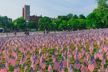 Boston, USA - May 27, 2016: View of thousands of US flags planted in Boston Common, to commemorate fallen soldiers in wars, during Memorial Day weekendのeditorial素材