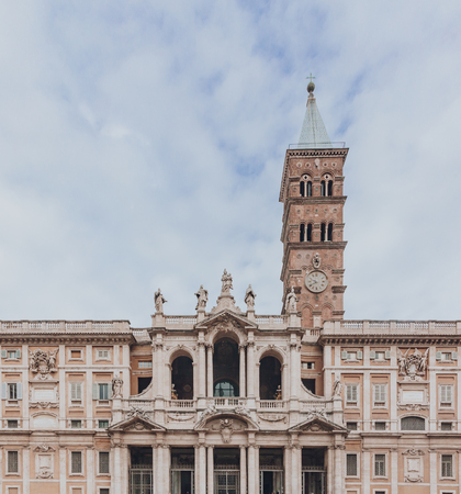 Frontal view of the facade and tower of Basilica of Santa Maria Maggiore in Rome, Italyのeditorial素材