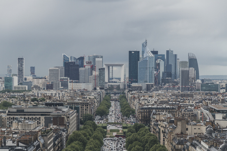 View of La Defense district and buildings of Paris, France, from top of the Arc de Triompheのeditorial素材