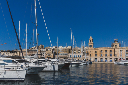 View of harbor and buildings of the city of Birgu, Maltaの写真素材