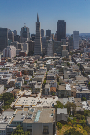 Skyline of downtown San Francisco over houses, viewed from Coit Tower, in San Francisco, USAのeditorial素材