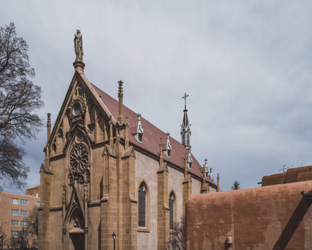 Side view of Loretto Chapel in downtown Santa Fe, New Mexico, USA
