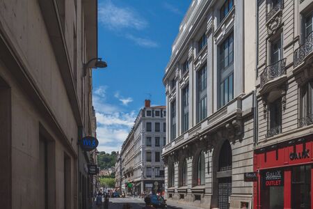 June 18, 2019 - Lyon, France: Pedestrian walking along streets in downtown Lyonのeditorial素材
