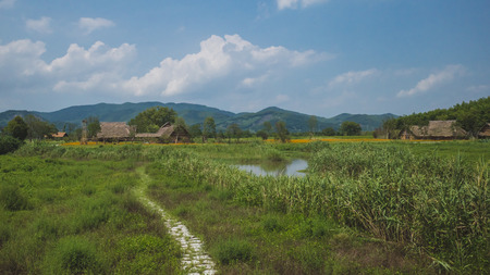 Huts at Archaeological Ruins of Liangzhu City, in Hangzhou, Chinaのeditorial素材