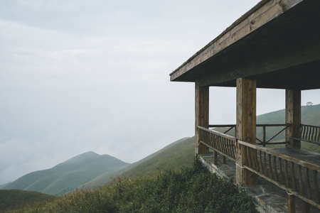Pavilion with view of mountain landscape on Wugong Mountain in Jiangxi, Chinaの写真素材