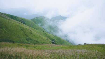 Mountain landscape covered in clouds on top of Wugong Mountain in Jiangxi, Chinaの写真素材