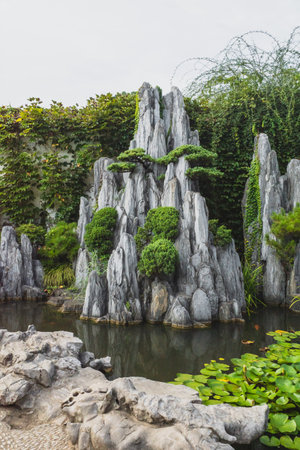 Giant rock in pond at Lingering Garden Scenic Area in Suzhou, Jiangsu, Chinaの写真素材
