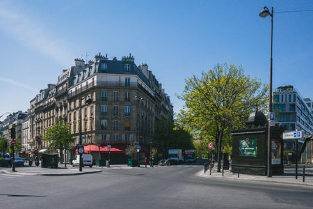 Paris, France - April 25, 2021: Empty intersection between Boulevard Pereire and Rue Jouffroy...