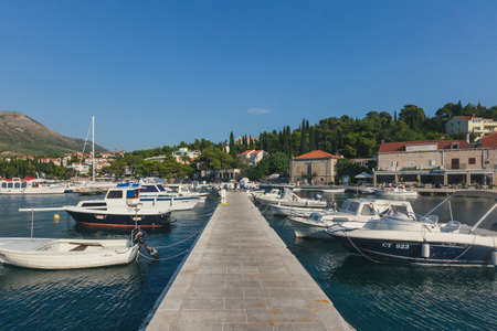 Cavtat, Croatia - August 9, 2015: Boats docked at harbor of Cavtatのeditorial素材