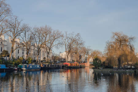 London, United Kingdom - January 7, 2021: Boats in canal and Robert Browning's Island in Little Venice, Londonのeditorial素材