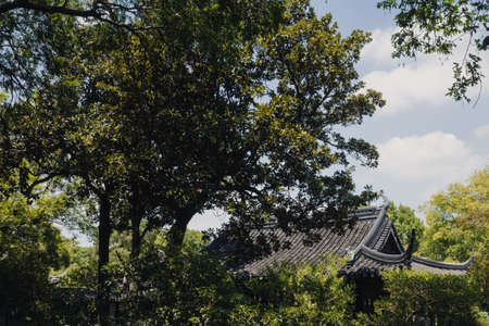 Traditional architecture among trees at Humble Administrator's Garden (Zhuozhengyuan) Suzhou, Chinaの写真素材