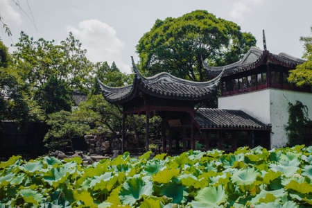 Traditional house over lotus leaves at Humble Administrator's Garden (Zhuozhengyuan) Suzhou, Chinaのeditorial素材