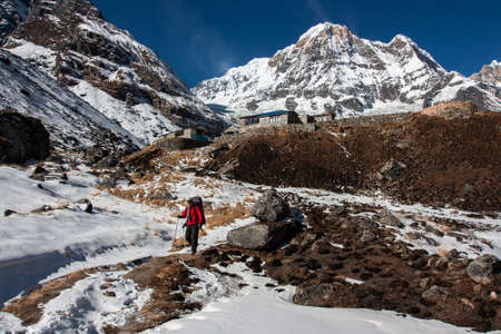 Trekking in Nepal Himalayas . Annapurna base campのeditorial素材