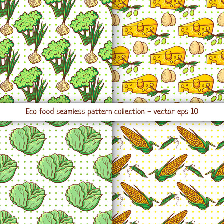Four pattern designs with clean eating illustration background. Appetizing healthy food pattern with vegetables.のイラスト素材