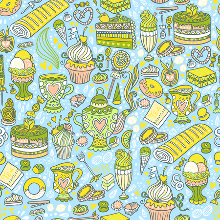 Appetizing tea party texture pattern background with cakes and sweets.のイラスト素材