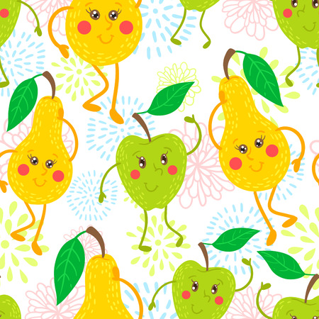 Cute and funky fruit pattern. Apple and pear seamless background.のイラスト素材