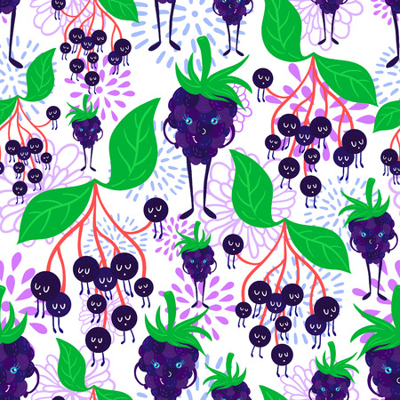 Cute and funky fruit pattern. Eldberry and dewberry seamless background.のイラスト素材