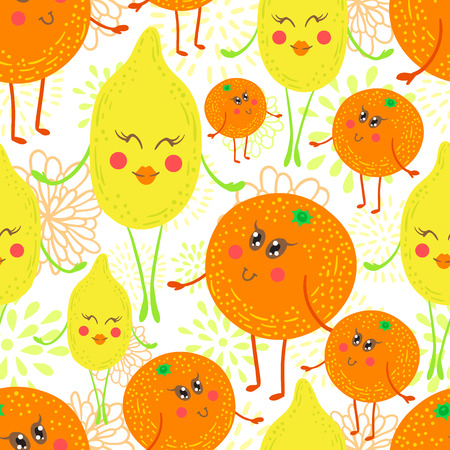 Cute and funky fruit pattern. Orange and lemon seamless background.のイラスト素材