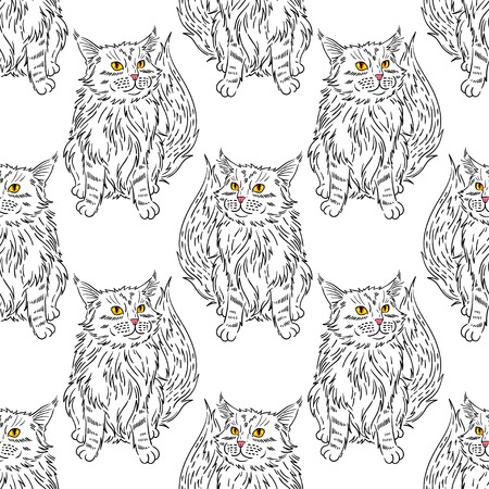 Maine coon cat portrait. Hand drawn vector illustration. Pet seamless pattern backgroundのイラスト素材