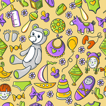 Little boy and girl toys pattern. Kids seamless texture background with children stuff.のイラスト素材