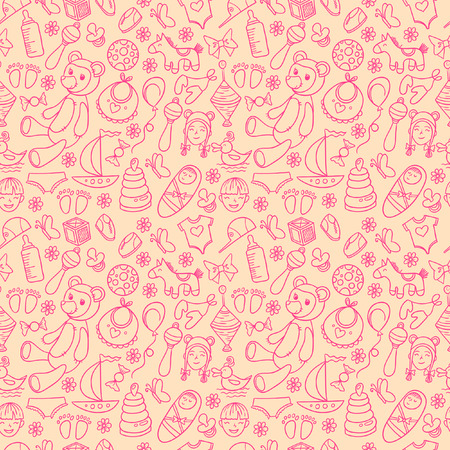 Little boy and girl toys pattern. Kids seamless texture background with children stuff.のイラスト素材