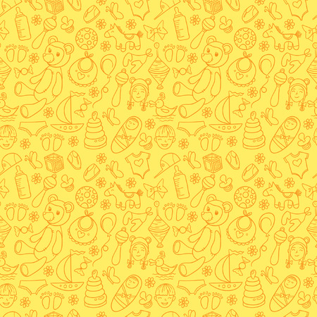 Little boy and girl toys pattern. Kids seamless texture background with children stuff.のイラスト素材