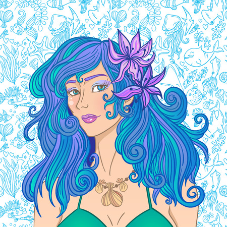 Summer girl with blue hair on the sea pattern background. Beautiful woman.のイラスト素材