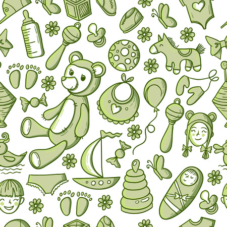 Little boy and girl toys pattern. Kids seamless texture background with children stuff.のイラスト素材