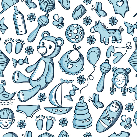 Little boy toys pattern. Kids seamless texture background with children stuff.のイラスト素材