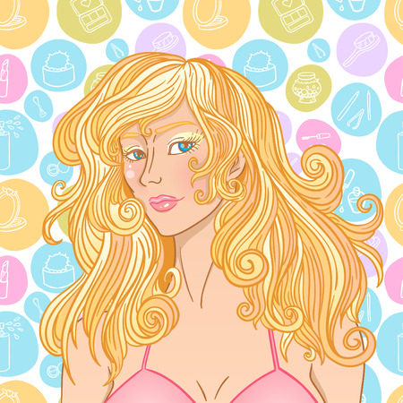 Cosmetic fashion curly girl. Blond womanl make up illustration.のイラスト素材