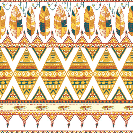 Seamless romb background. Endless geometric pattern. Native american indigenous ornamental seamless pattern background with feathers and totem poles.のイラスト素材