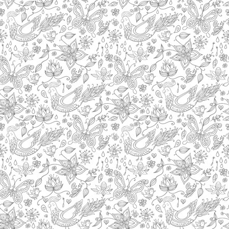 Seamless spring floral background with butterflies and birds.のイラスト素材