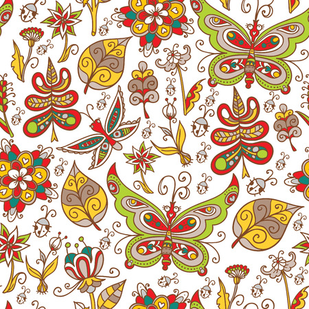 Seamless spring floral background with butterflies and birds.のイラスト素材