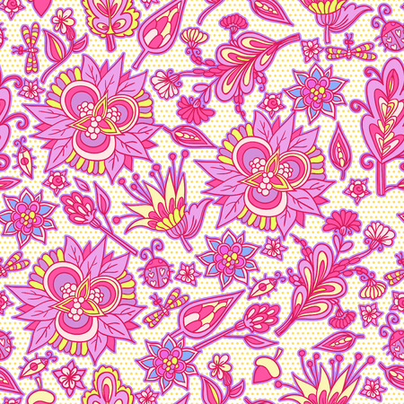 Seamless spring floral background with butterflies and birds.のイラスト素材