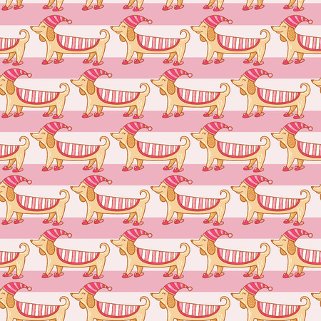 Dachshund. Cheerful hand drawn dog in sleeping hat and sleepers.のイラスト素材