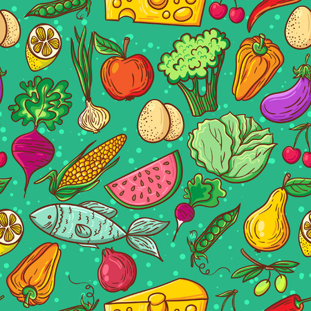 Healthy diet seamless pattern. Fruit and vegetable endless textured background.のイラスト素材