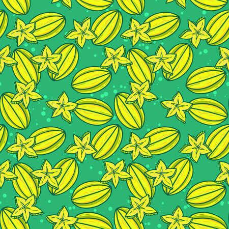 Carambola seamless pattern. Starfruit tiled texture. Endless vector tropical fruit background.のイラスト素材