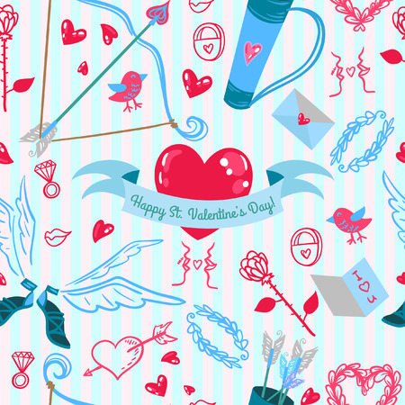 Valentines Day love item set. Cupid bow and arrows with love icons. Celebration pattern background.のイラスト素材