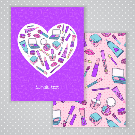 Two invitation card design with makeup illustration background. Vector design template for card, letter, banner, menu. Fashion cosmetics pattern under mask.のイラスト素材