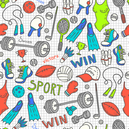 Seamless sport equipment pattern background. Active lifestyle illustration.のイラスト素材