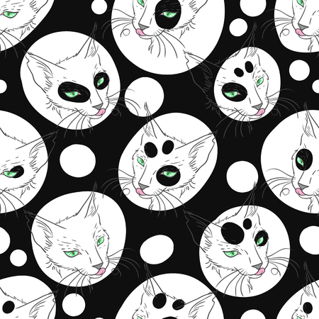 Black cat portrait. Hand drawn vector animal illustration. Seamless pattern pet backgroundのイラスト素材