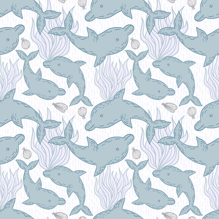 Seamless vector animal background. Summer sea pattern with dolphins and algae.のイラスト素材